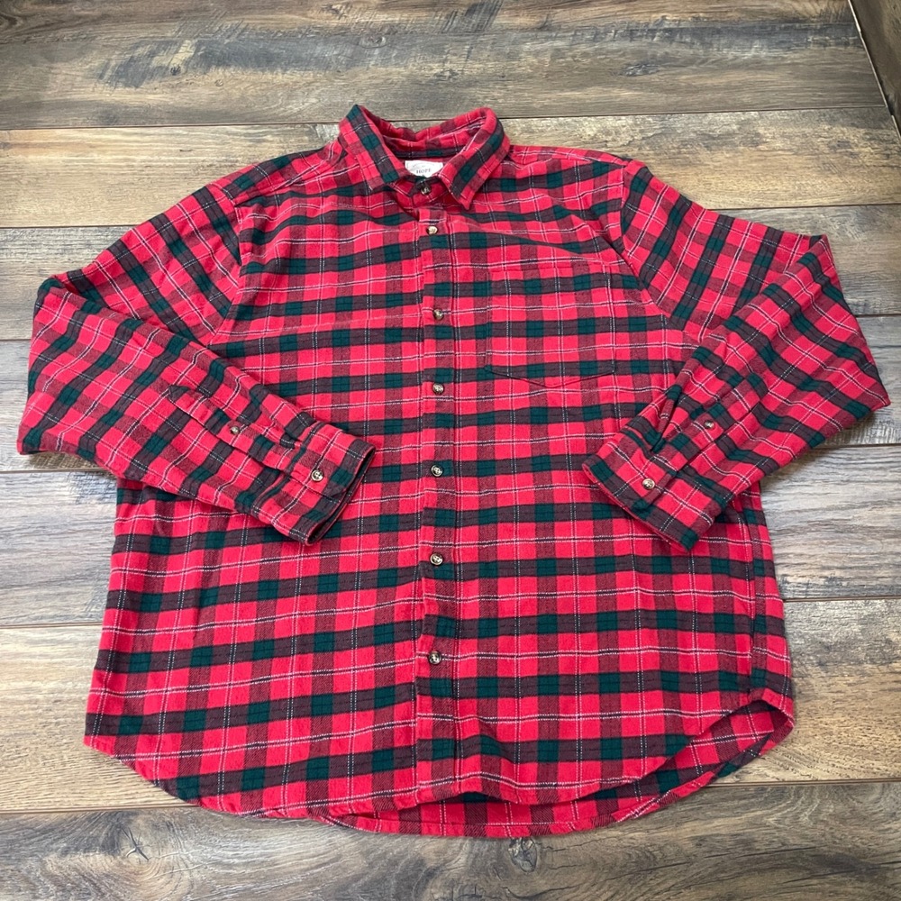 Hope & Henry Mens Organic Cotton Flannel Shirt Red Green Plaid XL Cabin Fall